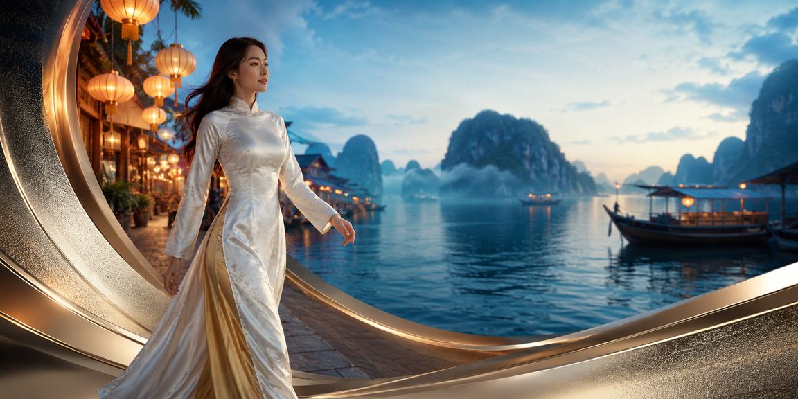 Cảnh vịnh Hạ Long hùng vĩ kết hợp không khí cá cược casino trong trang phục áo dài