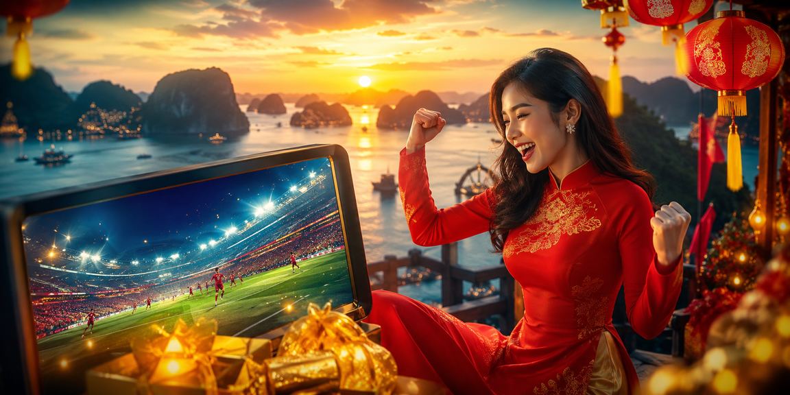 Người mặc áo dài đăng ký nhận thưởng với phong cảnh vịnh Hạ Long phía sau