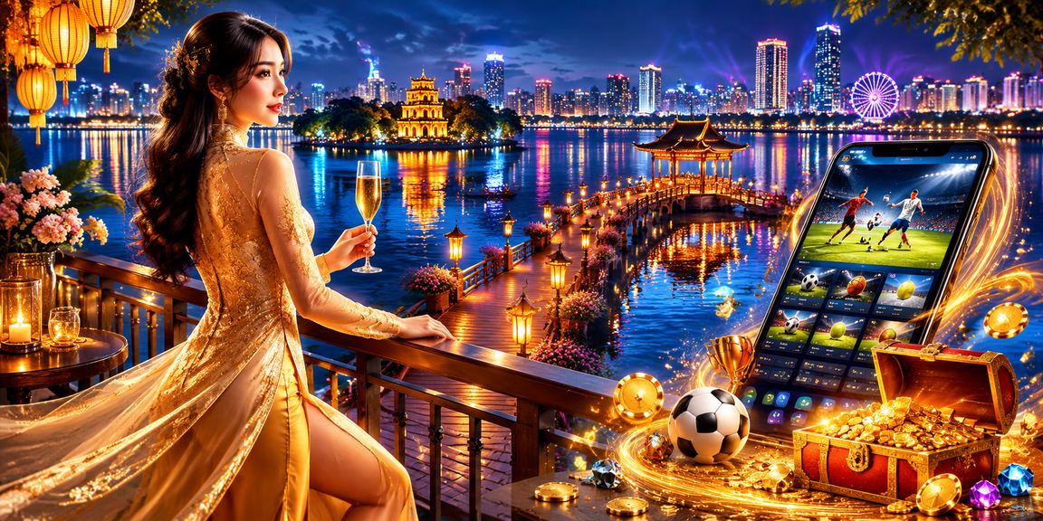Cô gái trong trang phục áo dài Hà Nội theo dõi kết quả cá cược thể thao trên điện thoại
