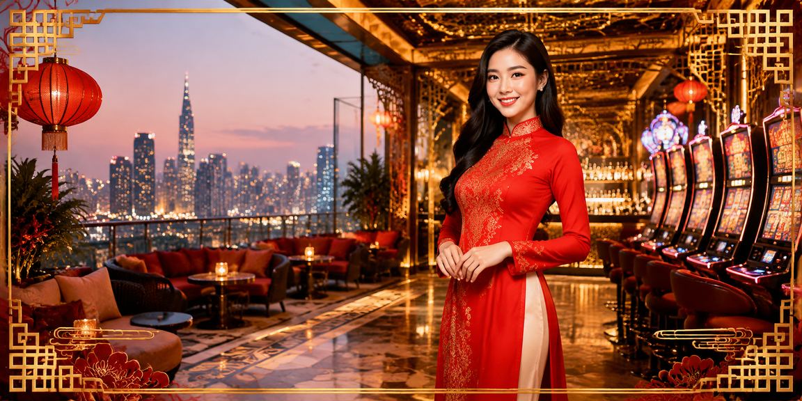 Người chơi slot game mặc áo dài truyền thống tại Hồ Chí Minh trong ánh neon rực rỡ