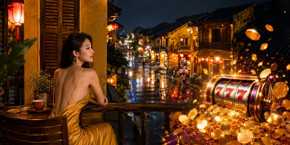 Người chơi thưởng thức slot game cùng ly cà phê Việt tại Hội An về đêm