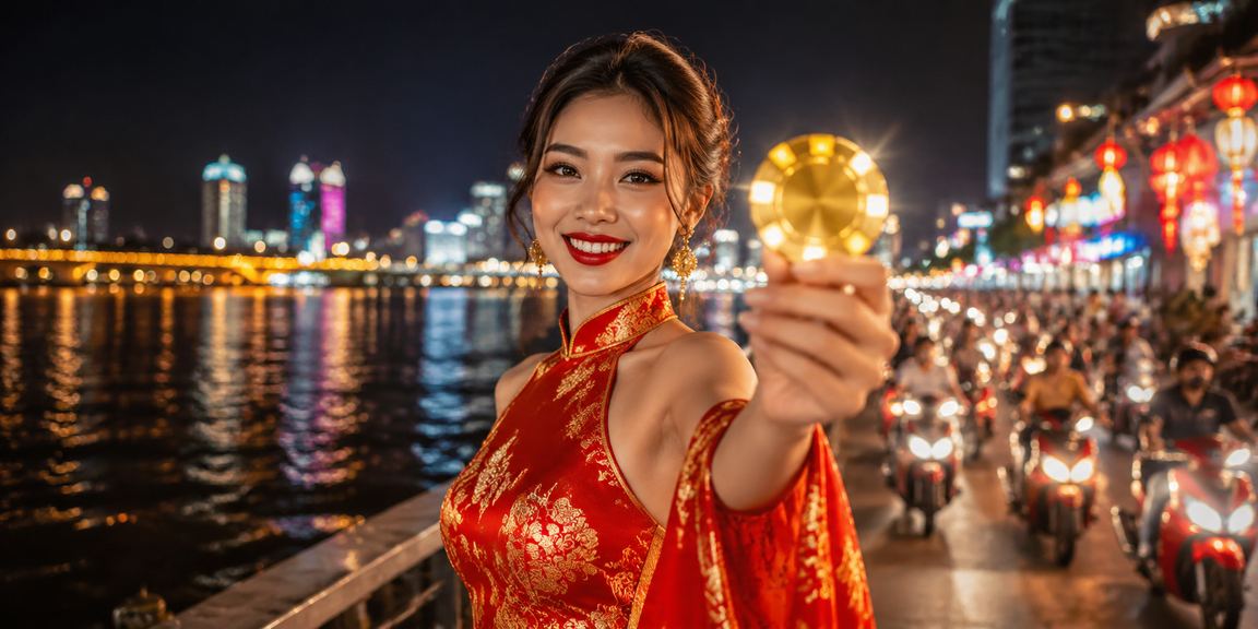 Ánh đèn neon sắc sảo phản chiếu trên mặt nước sông Mekong trong đêm